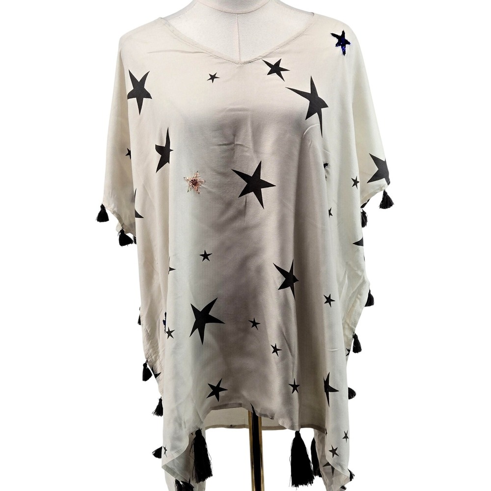 Surf Gypsy Blouse Womens S White Kimono Geometric Tasseled Embroidered Sequin